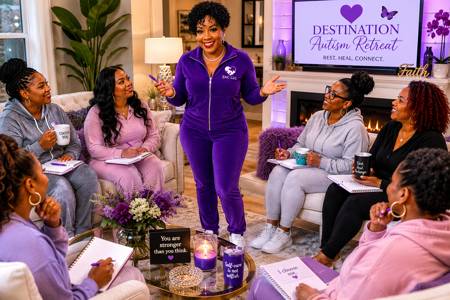 Lakredi speaking to autism moms in a living room