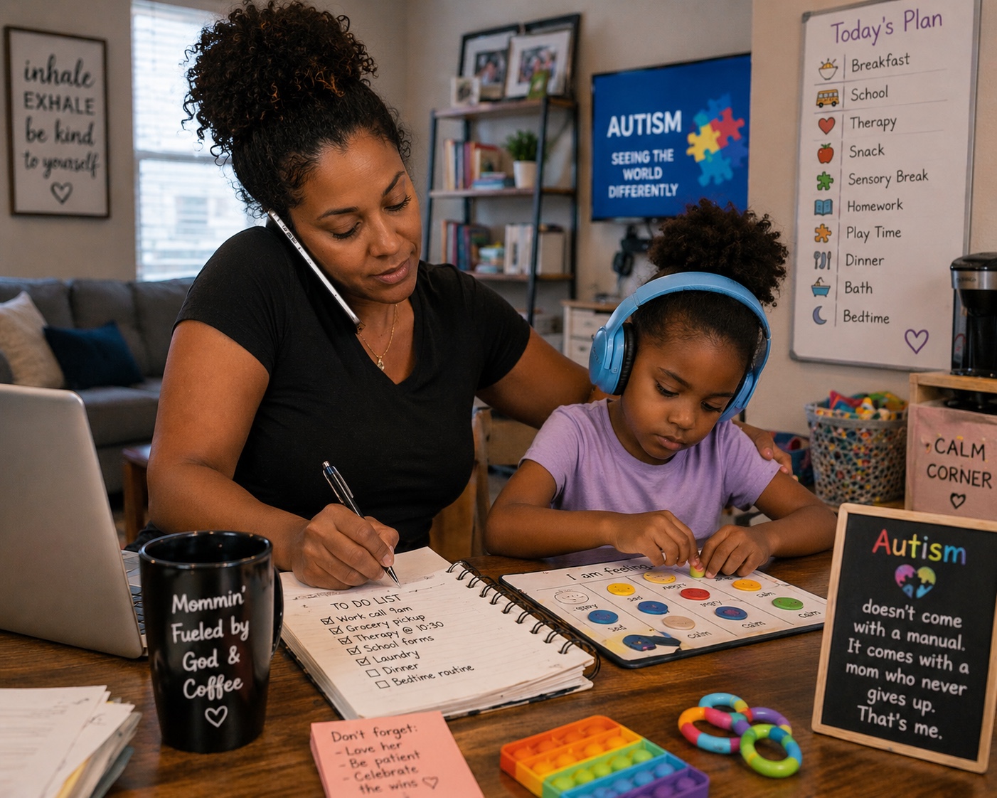 Autism mom supporting child at table