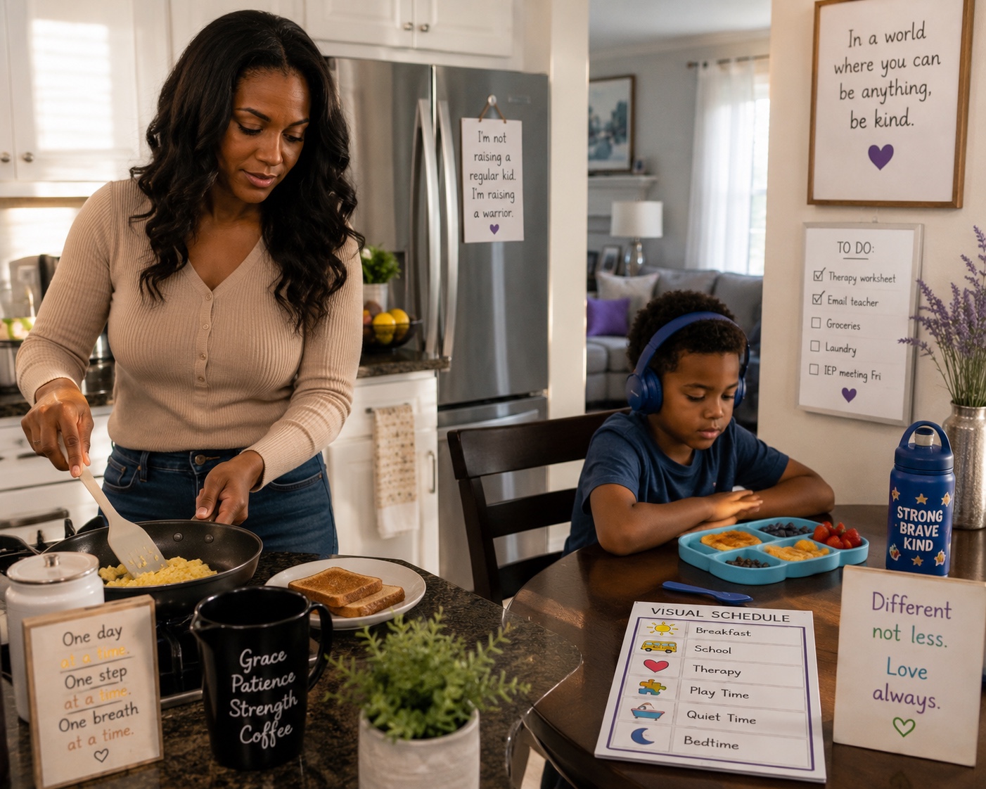 Autism mom preparing breakfast